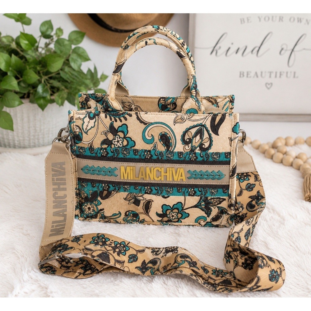 MiLANCHIVA Floral Canvas Satchel Crossbody Bag Beige Teal Paisley Handle Purse